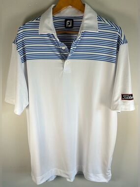 Footjoy Mens Golf Polo Shirt L Blue Stripes Titleist Patch Stretch Performance
